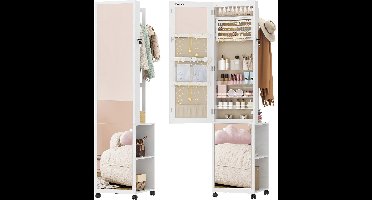 Sieradenkast – Juwelenkast – Spiegelkast – Opbergkast – Organizer – Wit en Beige – Met 8 LED-verlichting – Afsluitbare Full-Length Spiegel – Met Wieltjes en Kledingrek