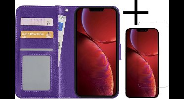 Hoesje - Met Screenprotector - Geschikt voor Apple iPhone 14 Pro Max - Luxe Pasjeshouder - Bookcase Portemonee - Flip Case - Kunstleer Book Case - Flipcase - Book Cover - Walletcase - Portemonneehoes - Paars