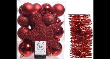 Kerstversiering kunststof kerstballen 5-6-8 cm met ster piek en folieslingers pakket rood van 35x stuks - Kerstboomversiering