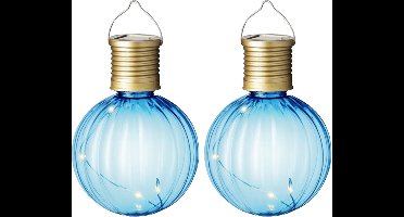 Lumineo tuin/buiten 4x stuks Led lampje/lampion solar verlichting blauw 11 x 8 cm - Tuinverlichting zonne-energie