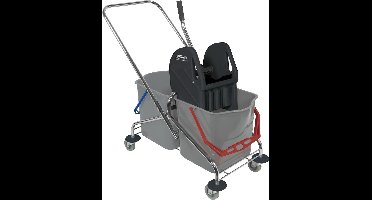 Schoonmaakwagen set, dubbele emmer 2 x 27 liter, met pers, + kunststof mophouder & 5x katoenen mop
