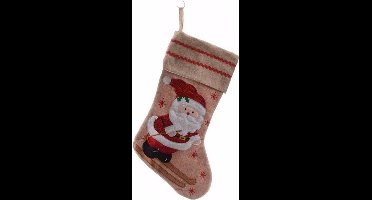 Decoris kerst sok met kerstman - bruin - jute - H45 cm - kerstversiering - kerstdecoratie