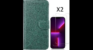 Hoesje Geschikt voor iPhone 14 bookcase met 2 stuks screenprotector tempered glass – Groen