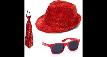 Folat - Verkleedkleding set - Glitter hoed/stropdas/party bril rood