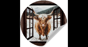 WallCircle® - Behangcirkel 30x30 cm - Muurstickers Schotse Hooglander - Landschap - Landelijk - Bergen - Winter - Doorkijk - Donker - Muurcirkel woonkamer - Wandcirkel slaapkamer - Kamer decoratie zelfklevend - Muurdecoratie accessoires