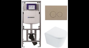 QeramiQ Dely Toiletset - 36.3x51.7cm - diepspoel - rimless - Geberit UP320 inbouwreservoir - met Burda frame - softclose toilet zitting 35 mm - bedieningsplaat taupe - ronde knoppen - wit glans