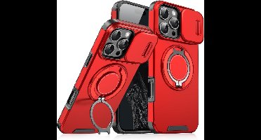 Hoesje Geschikt voor iPhone 16 Pro hoesje Rood backcover met Met Draaibare Ring Houder en camera bescherming