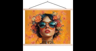 Posterhanger incl. Poster 150x113 cm - Schoolplaat - Vrouw - Bloemen - Aesthetic - Oranje - Textielposter - Blanke latten