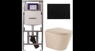 QeramiQ Dely Toiletset - 36.3x51.7cm - diepspoel - rimless - Geberit UP320 inbouwreservoir - softclose toilet zitting 35 mm - kunststof mat zwarte bedieningsplaat - ronde knoppen - mat beige