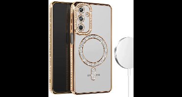 Hoesje met Diamantjes en Glitter Geschikt voor: Samsung Galaxy S22 - MagSafe Glitter Hoesje - Goud met Diamanten steentjes - Glamour Hoesje