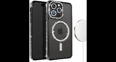 Hoesje met Diamantjes en Glitter Geschikt voor: iPhone 15 Pro Max - MagSafe Glitter Hoesje - Zwart met Diamanten steentjes - Glamour Hoesje