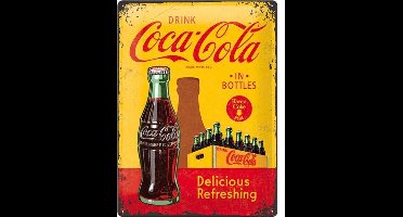 Coca Cola Yellow in Bottles, Retro reclame wandbord, Reclamebord Amerika USA. metaal