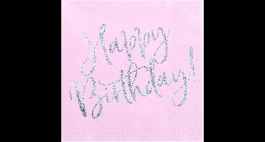 PartyDeco - Servetten - Happy Birthday Roze / Zilver (20 stuks)