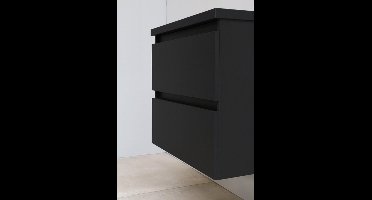 Basic Bella Badkamermeubelset - 60x55x46cm - 1 wasbak - Keramiek - Wit - 1 kraangat - Wandspiegel met verlichting - Melamine Zwart mat