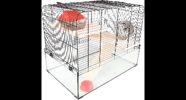 Hamsterkooi – Flamingo Vitru 2 – hamsterkooi met glazen bodem – complete kooi met looprad, platforms en accessoires – zwart – 59x38x47 cm – Europese kwaliteit