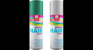 Smiffys Carnaval verkleed hoofdhaar verf/spuitspray - wit en groen - spuitbussen - 125 ml p/st