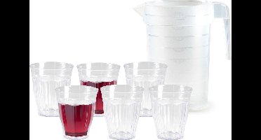 Plasticforte Sapkan/schenkkan karaf met deksel - 2 liter - met 6x drinkglazen 250 ml - kunststof - transparant