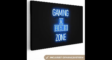 Canvas schilderij 90x60 cm - Wanddecoratie Gaming - Tekst - Gaming zone - Neon - Blauw - Muurdecoratie game room - Gaming kamer decoratie - Gameroom accessoires - Schilderijen