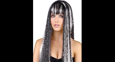 Vegaoo - Lange zwart-witte damespruik met pony - Zwart - One Size