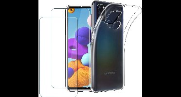 Hoesje Geschikt Voor Samsung Galaxy A21S Hoesje Transparant TPU Back Cover Met 2 pack glazen Screenprotector - Clear