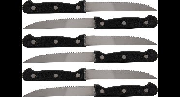 Excellent Houseware scherpe Steakmessen - 6x stuks - RVS - 21,5 cm - bestek - zwart/zilver