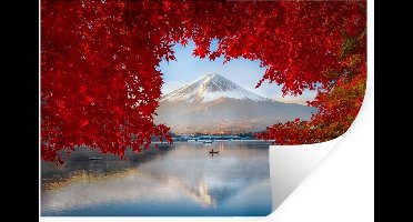Muurstickers - Sticker Folie - Uitzicht vanaf de rode bladeren van een esdoorn op een gebergte - 30x20 cm - Plakfolie - Muurstickers Kinderkamer - Zelfklevend Behang - Zelfklevend behangpapier - Stickerfolie