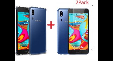 Hoesje Geschikt Voor Samsung Galaxy A2 Core Anti Shock Hoesje TPU Back Cover Met 2pack glazen Screenprotector - Transparant