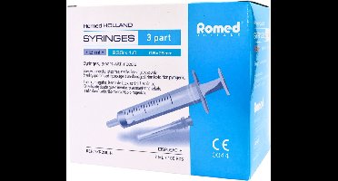 3x Romed 2 ml injectiespuiten met naald 100 stuks Romed - Doorzichtig/wit - Polypropyleen & Latex-vrij rubber - Tweedelige 2ml wegwerpspuit met canule, steriel per stuk verpakt.
