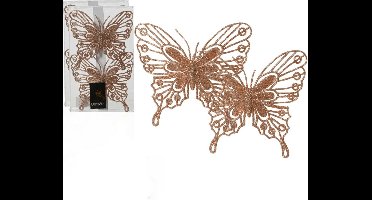 Decoris kerstboom decoratie vlinders op clip - 6x - lichtroze - 13 cm