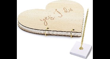 Gastenboek/receptieboek met luxe pen in houder - Bruiloft - goud/hout - 27 x 25 cm