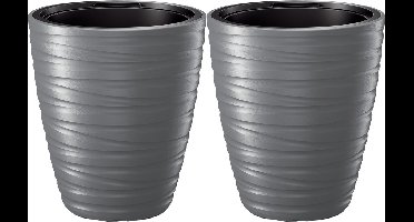 Prosperplast Plantenpot/bloempot Amazing - 2x - buiten/binnen - kunststof - steengrijs - D37 x H42 cm - met binnenpot