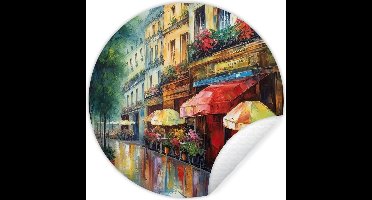 WallCircle - Muurstickers - Behangcirkel - Straat - Olieverf - Kleurrijk - Stad - 30x30 cm - Muurcirkel - Zelfklevend - Ronde Behangsticker
