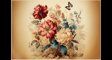 Poster 30x20 cm - Vintage - Bloemen - Vlinder - Natuur - Beige - Kleuren - Posters - Kamer decoratie - Wanddecoratie woonkamer - Muurdecoratie slaapkamer