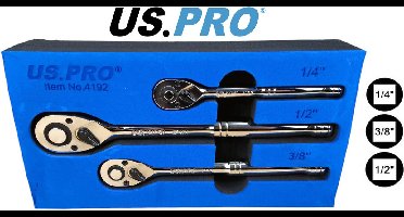 Uitgebreide Ratel set met 3 ratels 1/4" - 3/8" en 1/2" in foam inlay