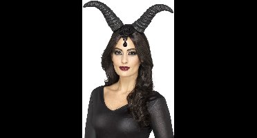 Halloween Haarband/diadeem met demonische grote hoorns - zwart - dames - queen