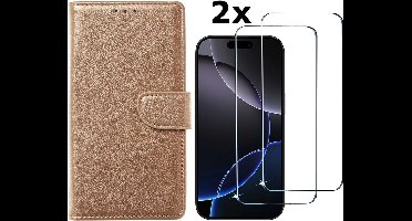Hoesje Geschikt voor iPhone 16 Pro hoesje bookcase met 2 stuks screenprotectors – Goud