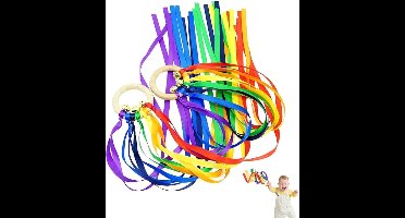 Regenbooglint - Houten Speelgoed - 2 stuks - Rammelaar - Regenboog - Speelgoed Ringen met Regenboog Lintjes - Buitenspeelgoed - Speelgoed Kinderen - Baby Peuter Speelgoed - - Regenboog Ring