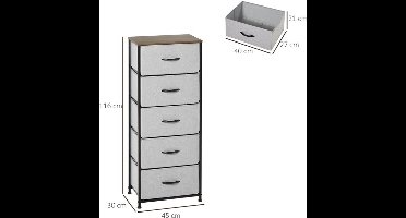 Ladekast – Opbergkast – Commodes – Kastje – Ladenkast – 5 Stoffen Lades – Compact Design 45x30x116 cm – Grijs