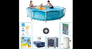 Intex Rond Frame Zwembad - 305 x 76 cm - Waterprint - Inclusief Onderhoudspakket - Solarzeil - Warmtepomp - Zwembadfilterpomp - 7-delig