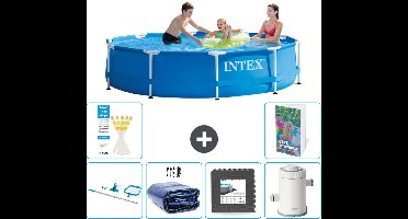 Intex Rond Frame Zwembad - 305 x 76 cm - Blauw - Inclusief Schoonmaakset - Solarzeil - Vloertegels - Zwembadfilterpomp - 7-delig