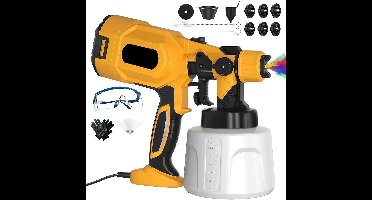 Elektrische Verfspuit - Professioneel Spuitpistool - Met 1400ml Tank - 4 Verstuivers & 3 Spuitpatronen -Makkelijk Schoonmaken - Draagbaar voor Meubels - Hekken - 6 Nozzle - Geel