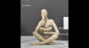 Zandkleurig Abstract Beeldje Van Een Lezer | Modern Minimalistisch Kunstwerk Van Hars, Decoratief Beeldje Voor in Huis, Geschikt Voor De Woonkamer/studeerkamer/boekenplank/bureau, Kunstcadeau Met Filosofische Uitstraling (De Denker)