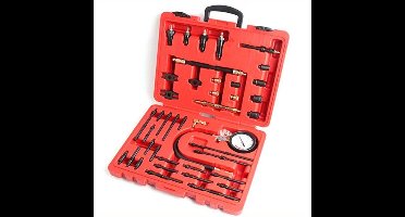 Compressietester – Drukmeter – Motorcompressietester – Cilinderdruktester – Testset – Geschikt Voor Benzine En Diesel – Meet Tot 40 BAR / 600 PSI – Inclusief Diverse Adapters – Met Opbergcase – Rood