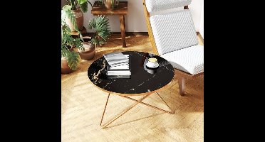 Rond Tafeltje – Bijzettafel – Salontafel – Nachtkastje – Plantenstandaard – Marmerlook Met Gouden Aders – Stevige MDF Basis – Compact Formaat 89,99 cm Diameter