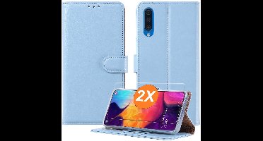Hoesje geschikt voor Samsung Galaxy A12 hoesje Blauw pasjeshouder telefoon hoes - Met screenprotector tempered glass voor Galaxy A12 - 2x