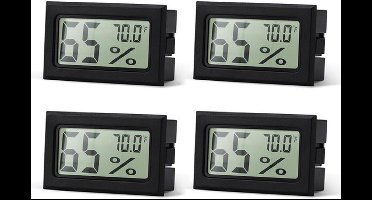 4-delige mini digitale thermometer hygrometer met LCD-display – nauwkeurige temperatuur- en vochtigheidsmeter – geschikt voor binnen, kas, humidor, reptielen en tuin – zwart