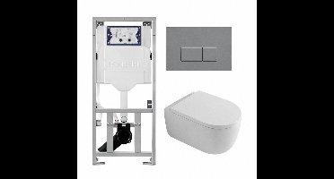 QeramiQ Dely Swirl Toiletset - 36.3x51.7cm - Geberit UP320 inbouwreservoir - met Burda frame - 35mm zitting - bedieningsplaat licht grijs - rechthoekige knoppen - wit glans