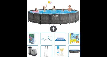 Intex Rond Prism Frame Greywood Zwembad - 549 x 122 cm - Inclusief Pomp - Ladder - Grondzeil - Afdekzeil - Schoonmaakset - Onderhoudspakket - 9-delig