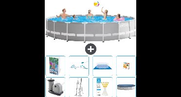 Intex Rond Prism Frame Zwembad - 610 x 132 cm - Grijs - Inclusief Pomp - Ladder - Grondzeil - Afdekzeil - Schoonmaakset - Speelgoed - 9-delig