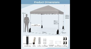 Partytent – Pop-Up Tent – Tuintent – Feesttent – Paviljoen – Waterdicht Oxford Doek – Metaal Frame – 3 Hoogte Instellingen – Inclusief DraagsTas met Wieltjes – Grijs